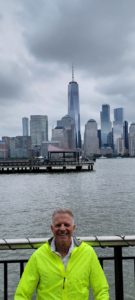 Man with city in background